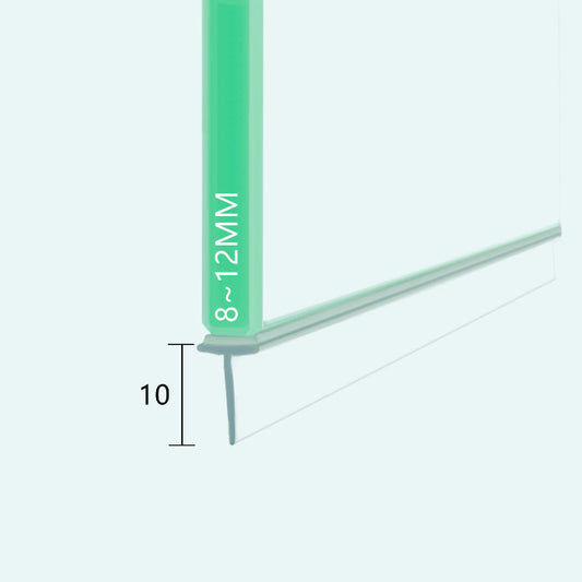 Cross-section of VH009 10mm T-shape self-adhesive shower door bottom seal fitted on glass