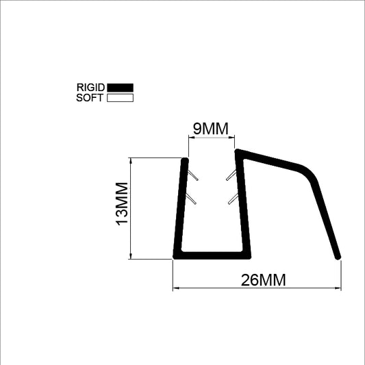 Engineering diagram of the S10DTL 10mm zero-gap strip, specifying the reinforced inner channel width and extended fin dimensions designed to accommodate the tolerance of premium thick glass installations.
