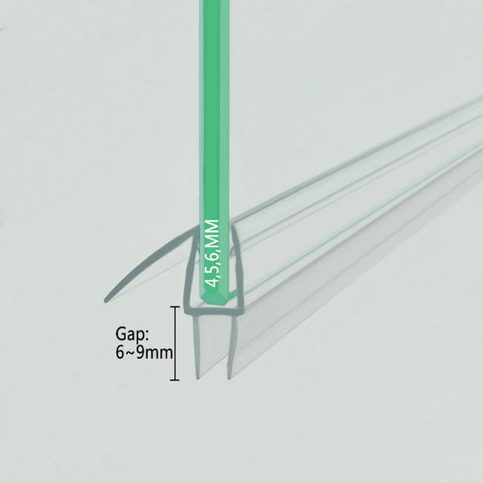 Profile view of the VB456 bottom seal fitted on 4-6mm glass, illustrating the transparent U-channel grip and the dual-fin configuration designed to provide extended coverage and enhanced water deflection on shower thresholds.