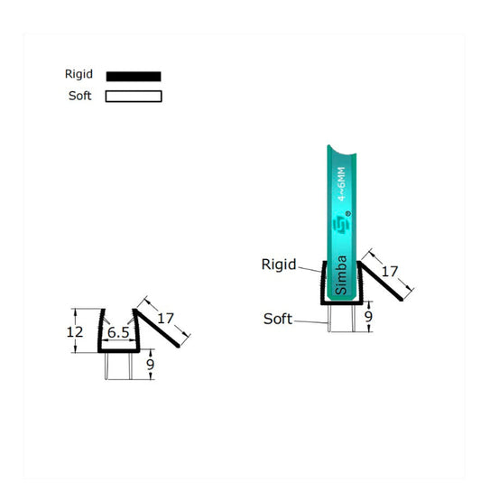 Technical dimension diagram of the VB456 strip, specifying the 4-6mm inner channel range and the length and spacing of the twin fins, intended to accommodate varying floor levels and gap widths.