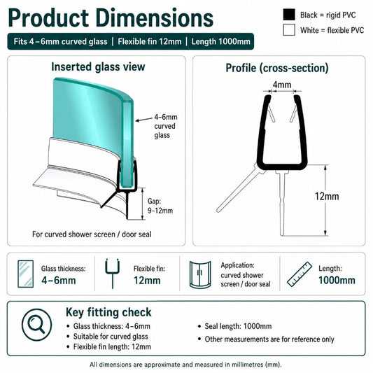 V456S12CU curved shower screen seal dimension diagram with 12mm fin