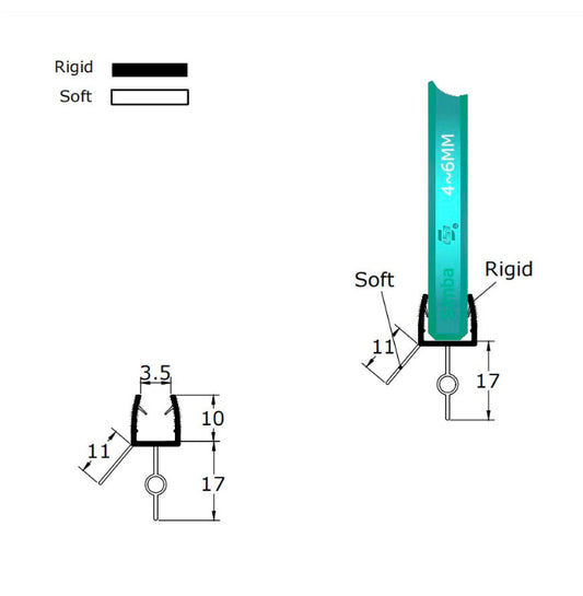 Technical dimension diagram for a shower bottom seal, detailing the inner channel width, 17mm central fin length (including central bulb diameter), and overall profile height with lateral stabilising rails, engineered for precise replacement on 4-6mm thick glass.