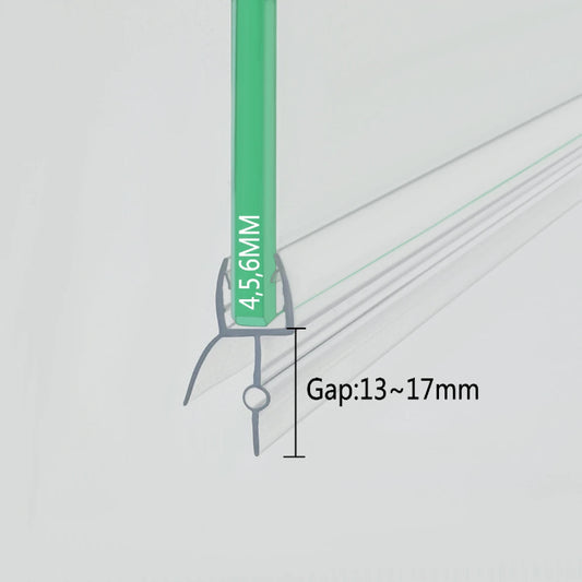 Close-up cross-section of the VD456 seal for bottom of shower door fitted on 4-6mm glass, showing the transparent U-channel, side guide rails, and the unique 17mm single fin with a central small bulb design for enhanced sealing on uneven floors.