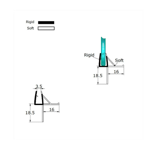 Technical dimension diagram of the VC456 strip, detailing the 4-6mm inner channel, the 18mm fin length, and the effective coverage range of 15–18mm for accommodating wider floor-to-glass separations.