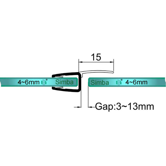 15mm fin shower door seal for wider 3–13mm vertical side gaps