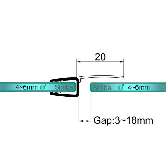 H456S20 shower door seal size diagram showing 20mm soft fin for 3-18mm gaps