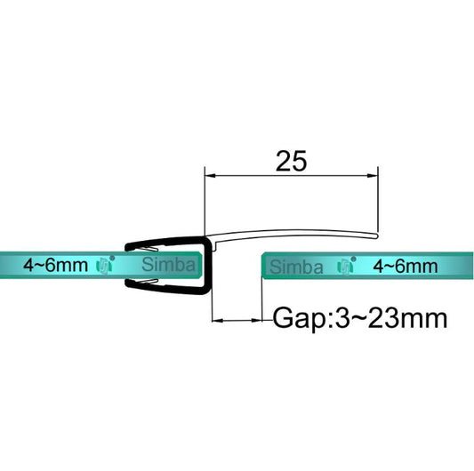 H456S2025 shower door seal size diagram showing 25mm soft fin for 3-23mm gaps