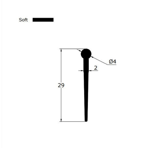 Technical dimension diagram for a replacement 4fold bath screen seal, detailing the 4mm bulb radius, maximum 29mm total height (suitable for deep gaps), and profile width, providing data support for users needing to precisely match older four-fold door tracks and resolve uneven floor issues.