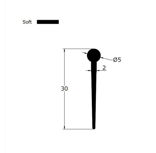 Technical dimension diagram for a shower folding screen seal, detailing the 5mm bulb radius, maximum 30mm total height (suitable for largest gaps), and profile width, providing precise specifications for users seeking to cover uneven floors or wide gaps on folding doors.