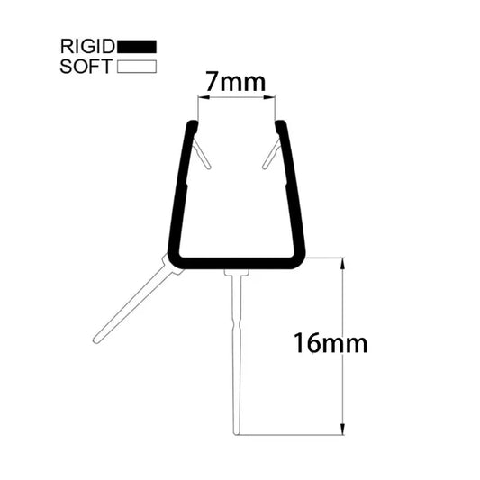 Technical dimension diagram for a seal for curved shower screen, detailing the inner channel width sized for 8-10mm glass, 16mm fin length, side rail height, and overall profile cross-section, providing precise data for those seeking replacements with specific thickness and length requirements.