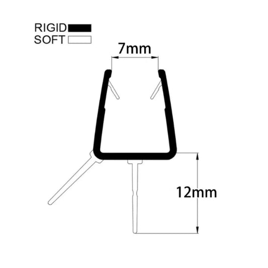 Technical dimension diagram for a shower seal curved bath screens, detailing the inner channel width sized for 8-10mm glass, 12mm fin length, side rail height, and overall profile cross-section, providing precise specifications for replacement or installation.