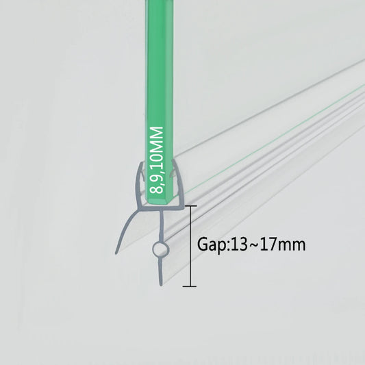 Close-up cross-section of the VD810 shower door bottom seal strip fitted on 8-10mm glass, showing the transparent U-channel, side guide rails, and unique 17mm single fin with a central bulb to effectively fill uneven gaps beneath thicker glass.