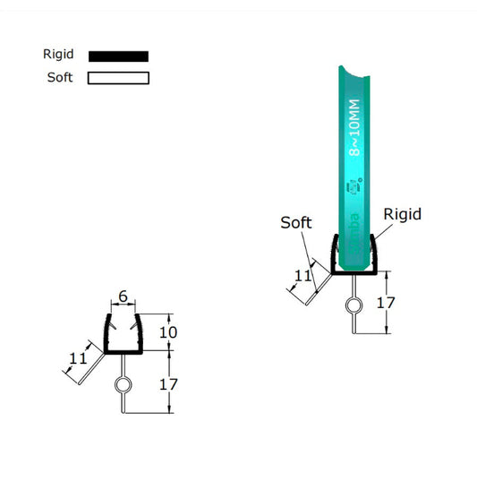 Technical dimension diagram for a shower door bottom seal, detailing the inner channel width, 17mm central fin length (including bulb height), and overall profile height with lateral stabilising rails, engineered for precise replacement on 8-10mm thick glass.