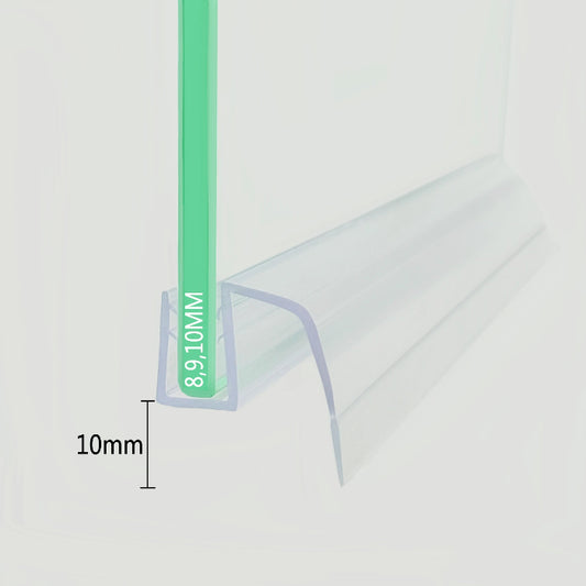 Profile view of the S810DTL-N bottom sweep fitted on 8-10mm glass, illustrating the extended single-side fin designed to bridge approximately 10mm floor gaps for versatile shower configurations.