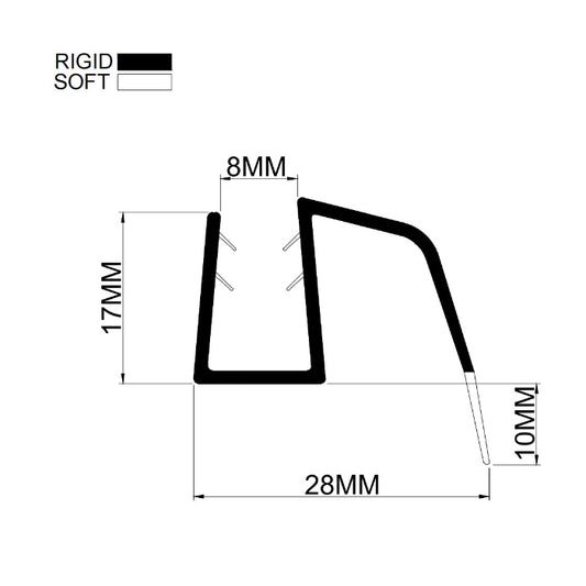 Technical dimension diagram of the S810DTL-N strip, specifying the adaptive 8-10mm inner channel and the 10mm extended fin length intended to cover wider floor irregularities in diverse bathroom setups.