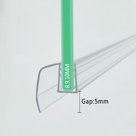 Cross-section view of the S810DTL universal bottom seal fitted on thick glass, illustrating its adaptive U-channel design that securely grips 8mm, 9mm, and 10mm panels while side fins ensure a zero-gap finish.