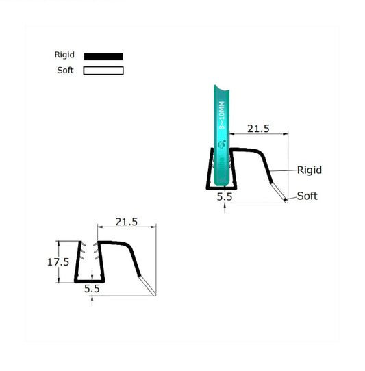 Technical dimension chart of the S810DTL heavy-duty strip, detailing the flexible inner width range for 8-10mm glass and the 3-5mm side fin extension to bridge varying floor gaps universally.