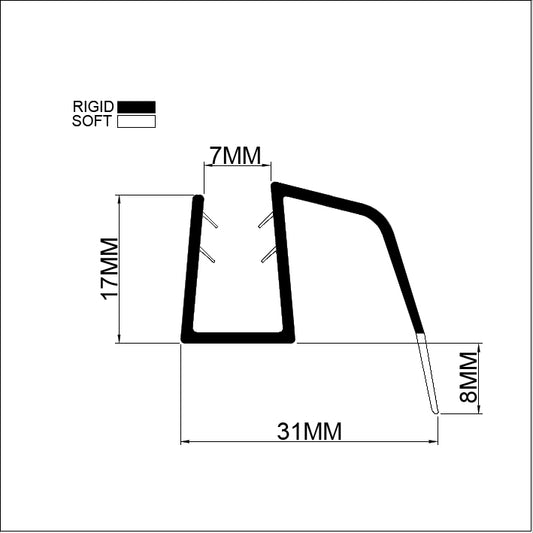 Technical dimension diagram for the best shower door bottom seal, detailing the inner channel width, adjustable gap coverage of 5-8mm, hard rail height, and overall profile dimensions, suitable for heavy-duty sliding doors with 8-10mm thick glass.