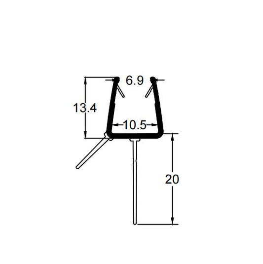 Technical dimension diagram for a bottom seal for shower screen, detailing the inner channel width, 20mm central fin length, and overall profile height with lateral stabilising rails, engineered specifically for precise replacement on 8-10mm thick glass.