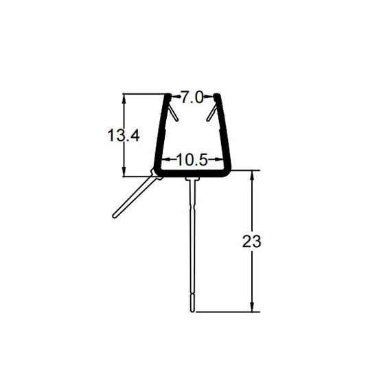 Technical dimension diagram for a bottom shower door seal, detailing the inner channel width, 23mm central fin length, and overall profile height with lateral stabilising rails, engineered specifically for precise replacement on 8-10mm thick glass.