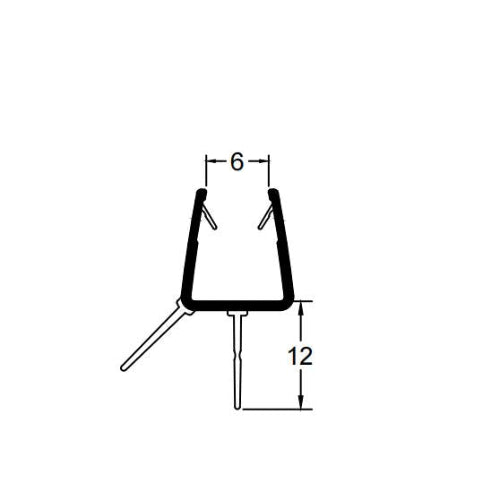 Technical dimension diagram for an 8-10mm glass bottom seal, detailing the inner channel width, 12mm central fin length, and overall profile height with lateral stabilising rails for precise replacement.