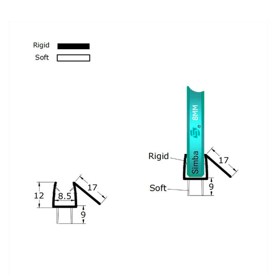 Technical dimension diagram of the VB08 strip, specifying the dedicated 8mm inner channel width and the measurements of the dual fins, intended to accommodate standard 8mm glass enclosures with varying floor gaps.