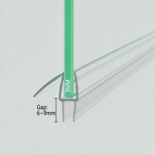 Profile view of the VB08 bottom seal fitted on 8mm glass, showcasing the precise U-channel grip for thicker panels and the twin-fin arrangement designed to enhance water deflection on shower thresholds.