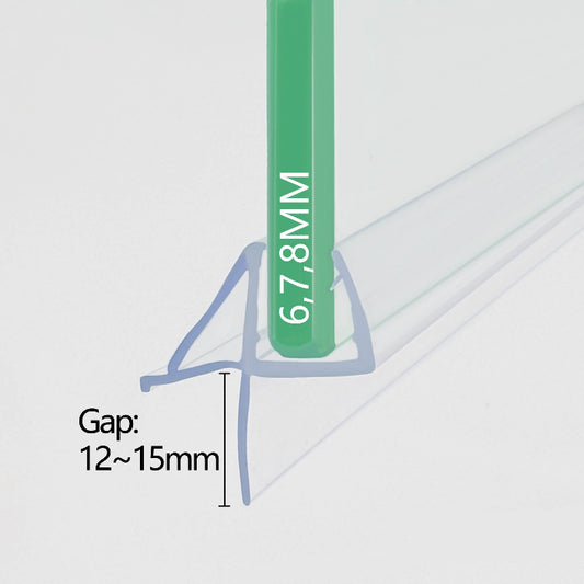 Profile view of the VC8 offset bottom seal mounted on 8mm glass, featuring the asymmetric transparent U-channel with a stabilising triangular side rail and a 15mm fin designed to cover floor gaps between 12mm and 15mm.