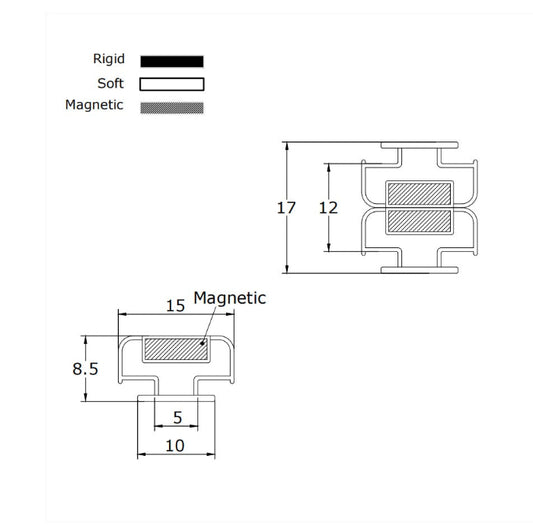 MG001 magnetic shower door seal size diagram with 10mm T-slot and track fitting profile