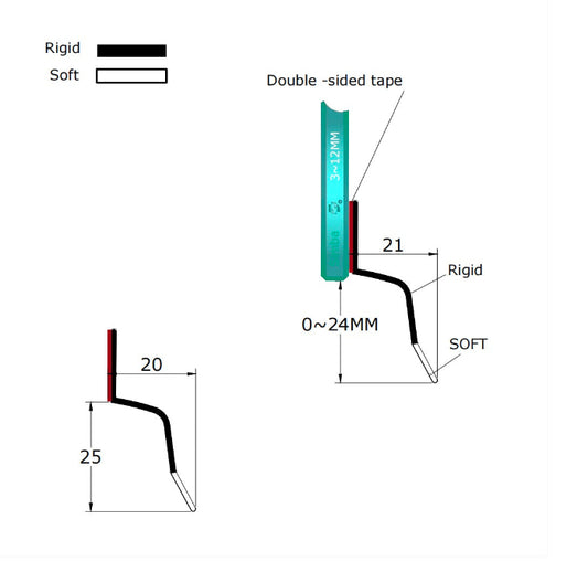 Technical dimension diagram of the S312DTL7 strip, specifying the adhesive contact width, material thickness, and fin length intended to provide coverage while accommodating various bottom hardware positions.
