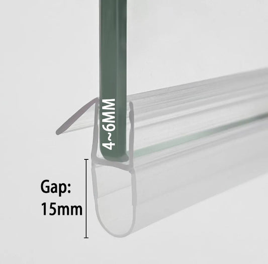 Profile view of the DA456S15 hybrid seal fitted on 4-6mm glass, illustrating the combination of a soft compressible bulb for sealing and a rigid extended fin for water diversion, designed to bridge gaps up to 15mm in bottom or side configurations.