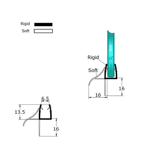 "Technical dimension diagram of the VC8 strip, indicating the precise 8mm inner channel width, 15mm fin length, and its intended coverage for shower base separations ranging from 12mm to 15mm."
