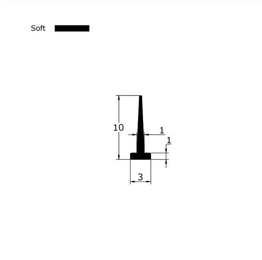 Technical dimension diagram for a bottom seal for framed shower door, detailing the 3mm T-leg width, 10mm fin height, and overall profile, providing critical specification data for replacement projects requiring an exact match for 3mm grooves in door frames.