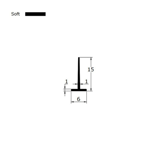 Technical dimension diagram for a framed shower door seal strip, detailing the rare 6mm T-leg width, 15mm fin height, and overall profile, providing critical specification data for users needing an exact match for extra-wide 6mm grooves who require mid-length coverage to cope with slightly uneven floors.