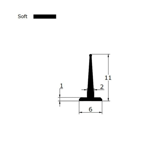 Technical dimension diagram for a framed shower door seal replacement, detailing the rare 6mm T-leg width, 11mm fin height, and overall profile, providing critical specification data for users needing an exact match for extra-wide 6mm grooves who are seeking a durable replacement solution.