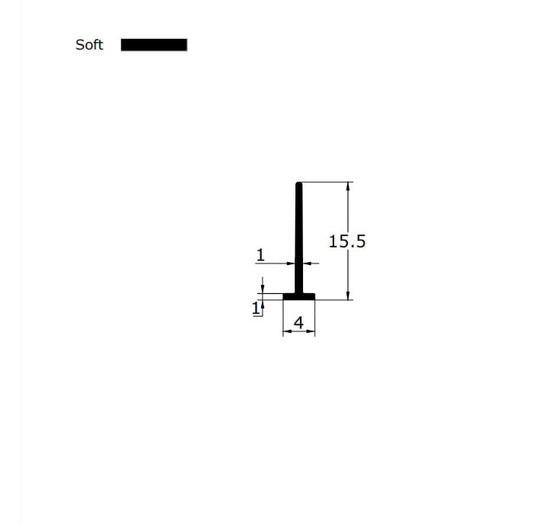 Technical dimension diagram for a framed glass shower door bottom seal strip, detailing the 4mm white T-leg width, 16mm fin height, and overall profile, providing critical specification data for users needing an exact match for 4mm wide grooves in white door frames who require mid-length coverage.