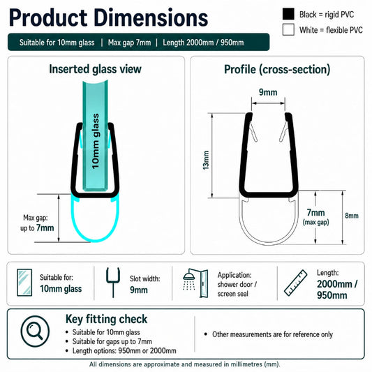 D10S7 shower door bubble seal dimensions showing the 10mm glass channel, 8mm bubble and maximum 7mm gap