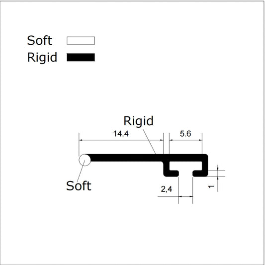 ROT11 folding shower door side seal dimensions showing 5.6mm track insert, 2.4mm slot, 14.4mm rigid arm and soft contact tip