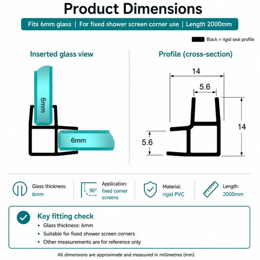 Angled view of the RY2805 clear PVC corner profile for two fixed 6mm glass panels