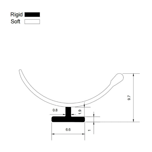 RY6306 framed shower door track seal profile dimensions showing 7mm base and 9mm overall height