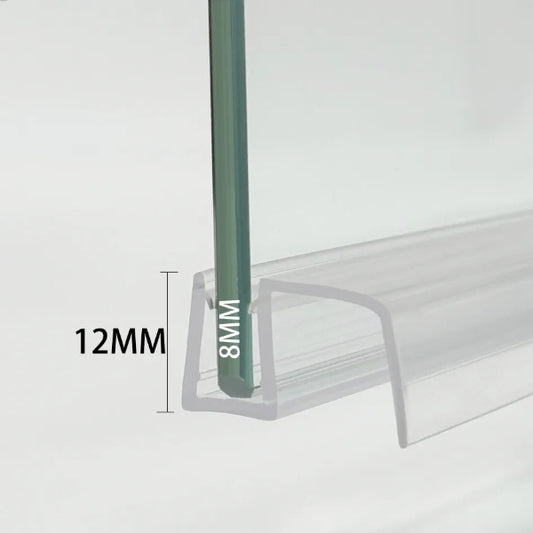 Profile view of the S8DTL 8mm shower bottom gasket fitted on standard thickness glass, showing how the transparent U-channel and side fins create a watertight zero-gap seal for any door configuration.