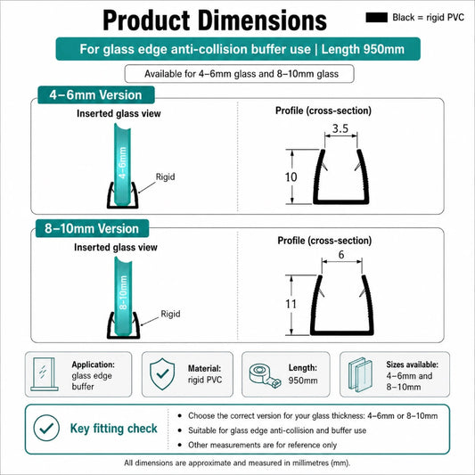 UH410 glass edge protector dimensions showing separate profiles for 4-6mm and 8-10mm glass