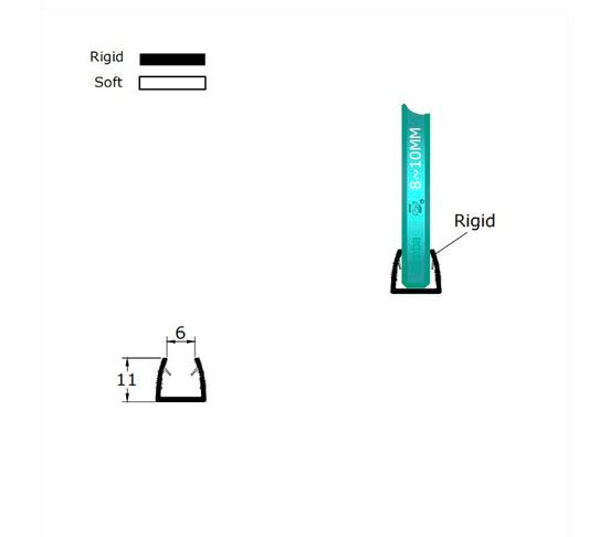 Detailed dimension diagram of the UH810 U-channel glass guard, engineered with a precise inner width to clamp firmly onto 8mm to 10mm shower screen panels without slipping.