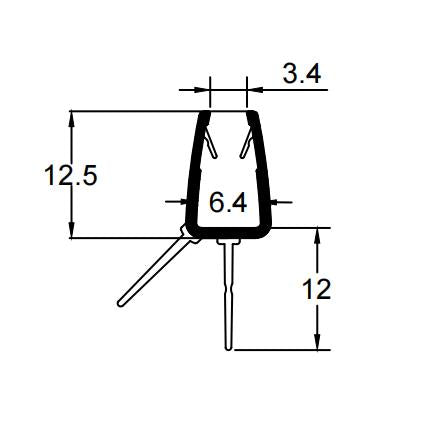 V456S12 shower door bottom seal dimensions showing 4–6mm glass fit and 12mm fin