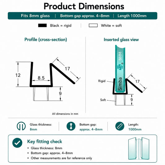 VB08 8mm glass shower door bottom seal dimensions with 17mm rigid deflector, 9mm flexible fins and 1000mm length