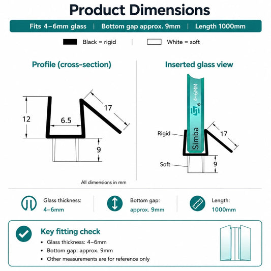 VB456 4-6mm glass shower door bottom seal dimensions with 9mm flexible fins and 1000mm length