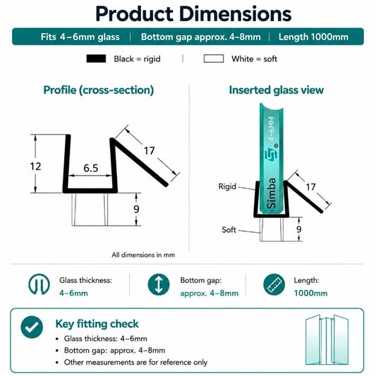 VB456 4-6mm glass shower door bottom seal dimensions with 9mm flexible fins and 1000mm length