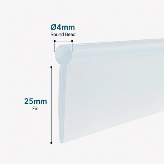 VF002 framed shower door bottom seal with 4mm round bead and 25mm flexible fin