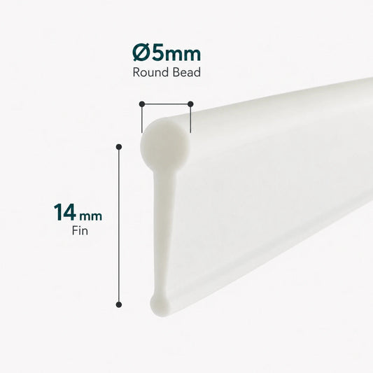 VF005 white framed shower door bottom seal with 5mm round bead and 14mm flexible fin