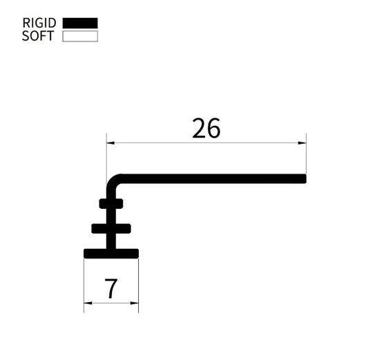 Engineering diagram of VG004 showing 7mm insertion width and 26mm vertical fin reach